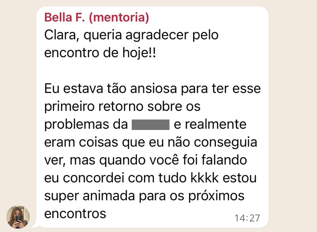 Depoimento de Bella F. sobre a mentoria Modare Lab